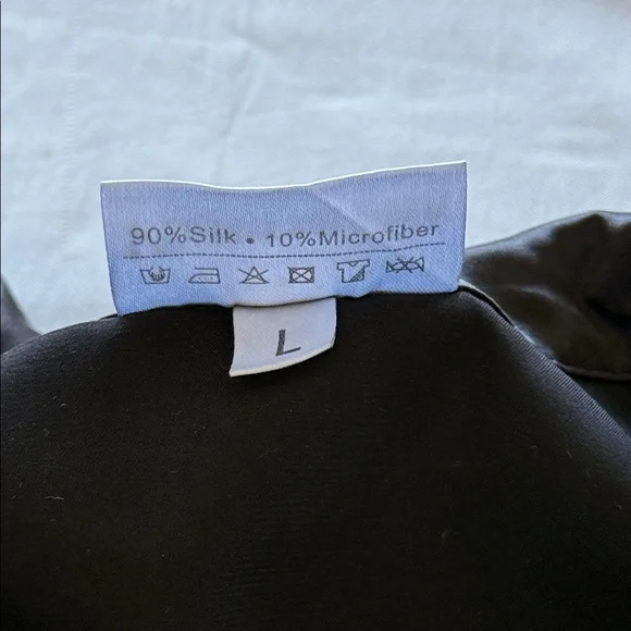 Black Silk Button-Up Pajama Top White Piping Short Sleeve Sophisticated Sz L - Picture 8 of 8